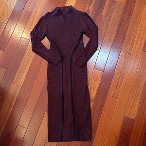 French Connection Burgundy Ribbed Long Sleeve Midi Dress with Black Piping